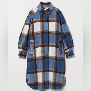 H&M Oversize Long Plaid Coat, Shacket Size M Brown & Blue
